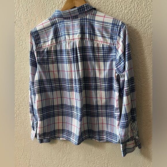 Talbots Button Down Plaid Shirt Size Large 100% Cotton White Blue Red - Picture 3 of 8